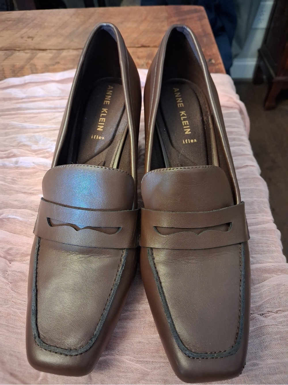 Anne Klein Brown Leather Slip-On Loafers
